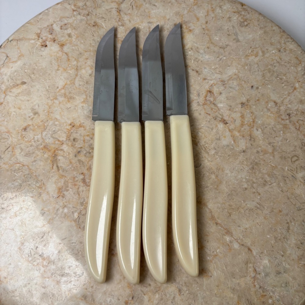 Quikut Steak Knives Set of 4 Cream White Vintage Mid Century Modern Stainless‎